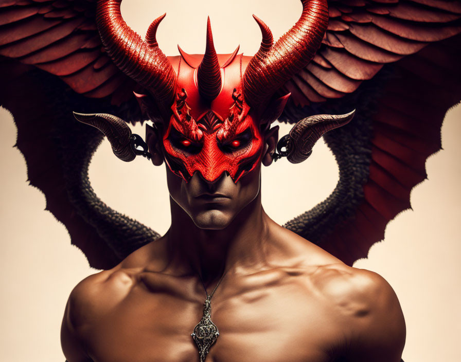 Elaborate Red and Black Demon Mask with Horns and Wings on Neutral Background