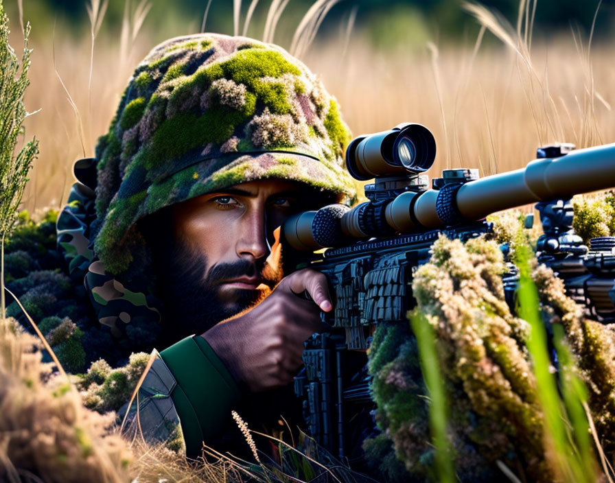 Camouflaged person with sniper rifle in tall grass observing through scope