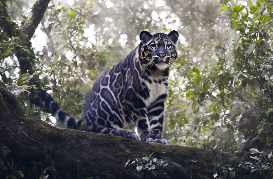 Black panther with striking markings perched in misty forest