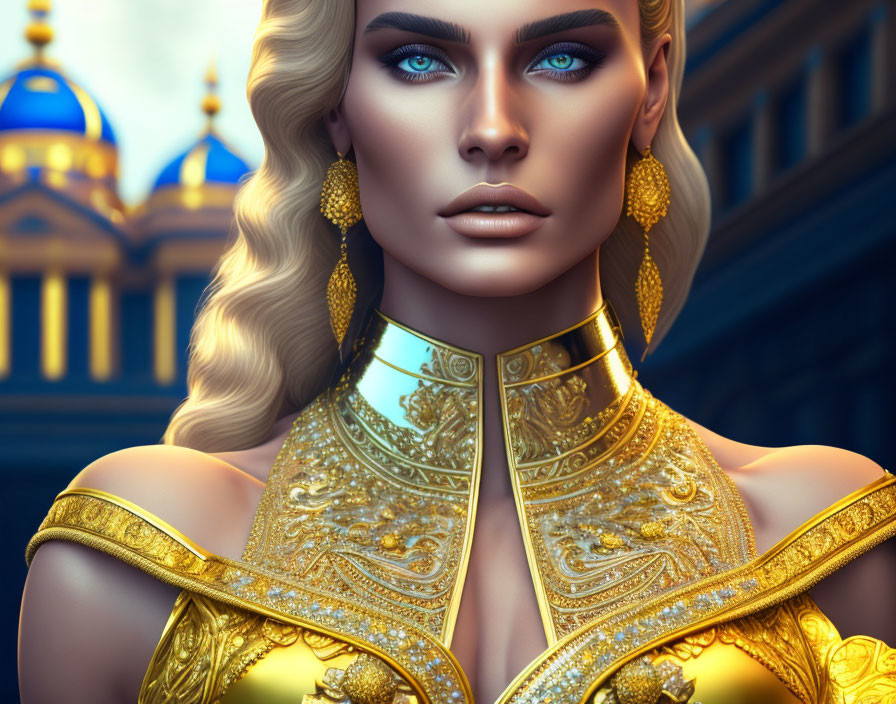 Close-up of glamorous woman with blue eyes, blonde hair, gold jewelry, against blue domes.