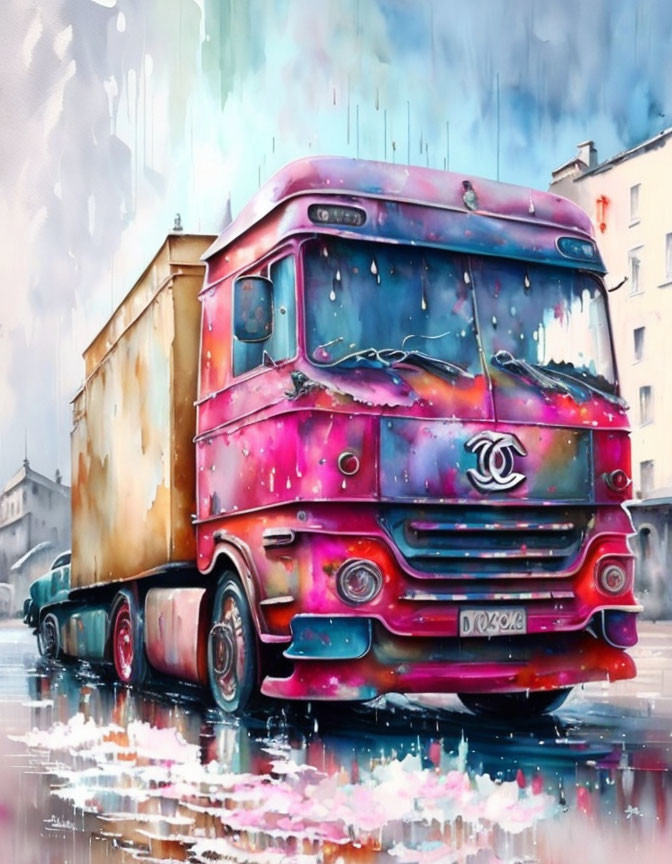 Vibrant pink and blue old truck painting on wet street