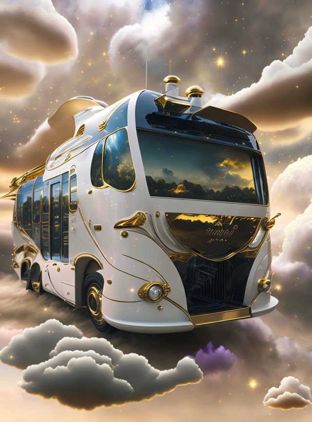 Futuristic golden embellished bus flying in dreamy sky at sunset