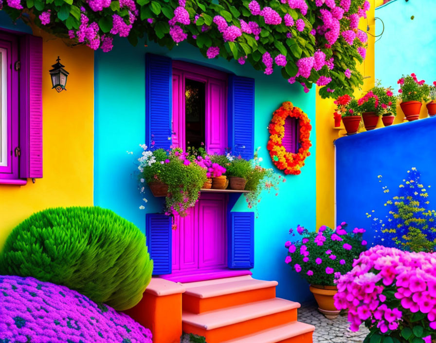 Colorful alley with blue, yellow walls, purple flowers, orange stairs.