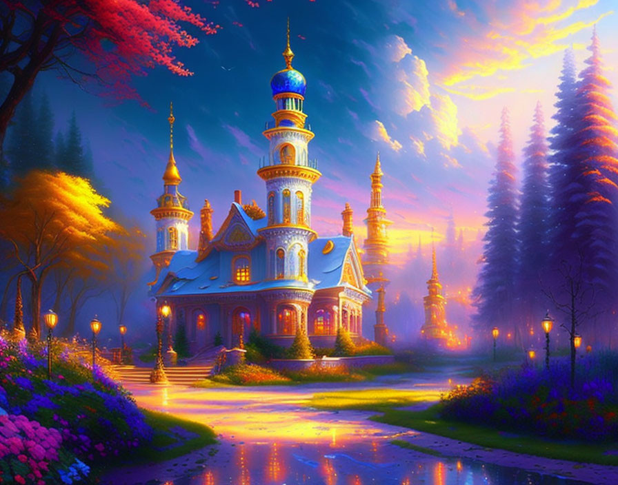 Enchanting castle in magical forest at twilight with serene stream