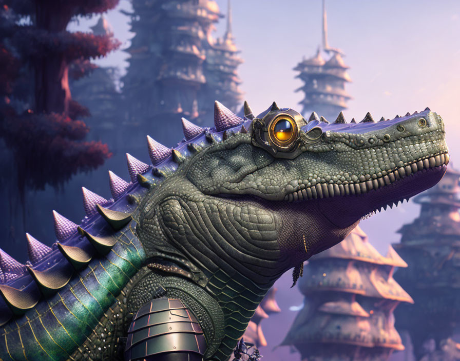 Armored crocodile with golden monocle in fantasy pagoda towers scenery