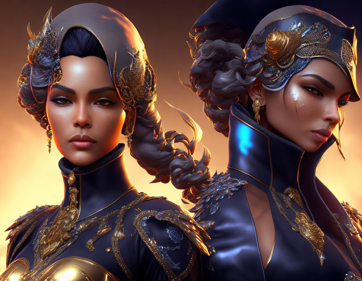 Digital Art Portraits of Woman in Ornate Gold-and-Blue Uniform