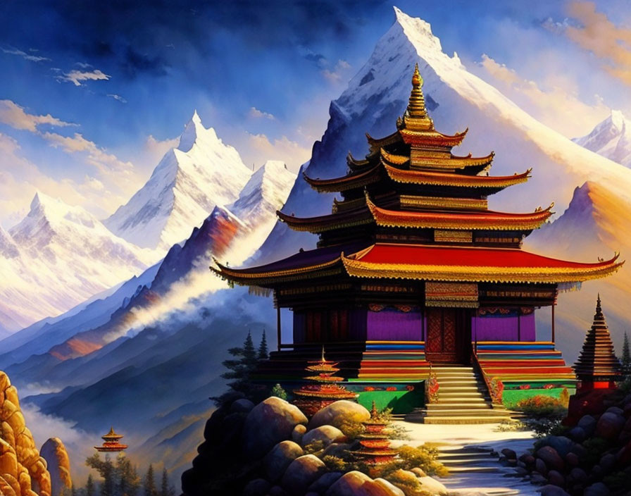 Traditional-style Pagoda Against Snow-Covered Mountains