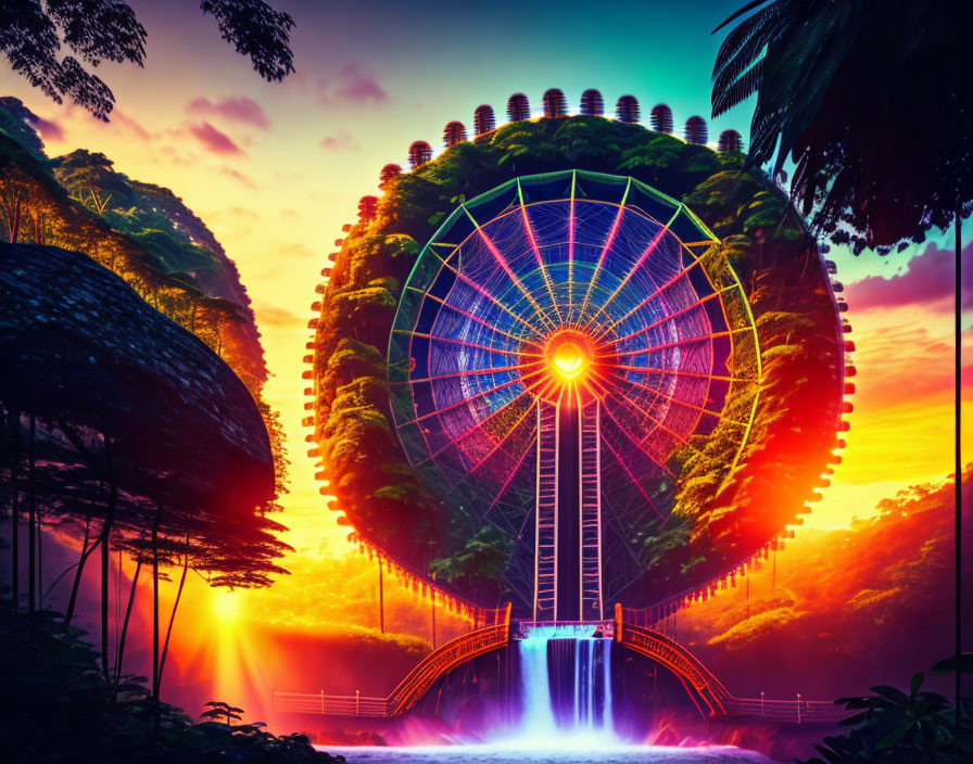 Futuristic Ferris Wheel in Lush Jungle at Sunset