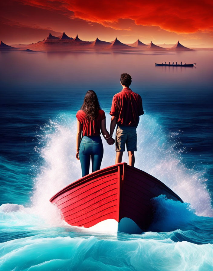 Couple on Red Boat Enjoying Surreal Seascape