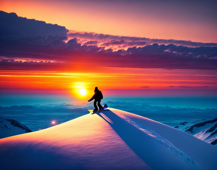 Snowboarder descends mountain ridge at sunset with vibrant skies