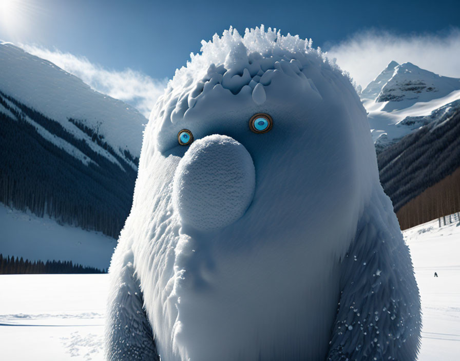 Snowy creature with blue eyes in wintry landscape with pine-covered mountains