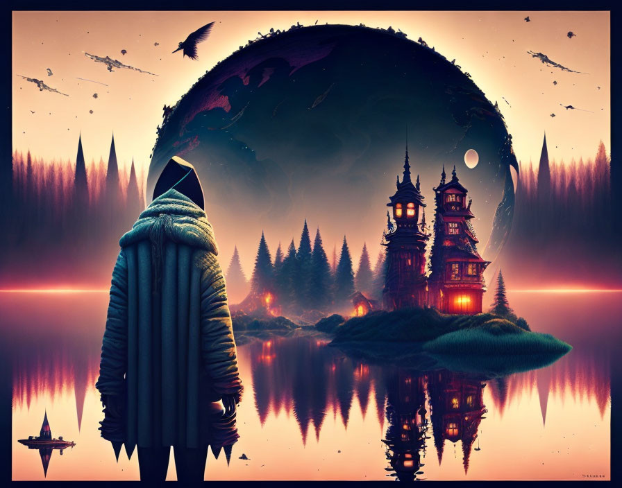 Cloaked figure in surreal landscape with floating globe and luminous buildings