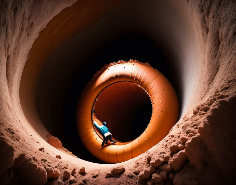 Person in hat climbing orange structure in sandy cavernous environment