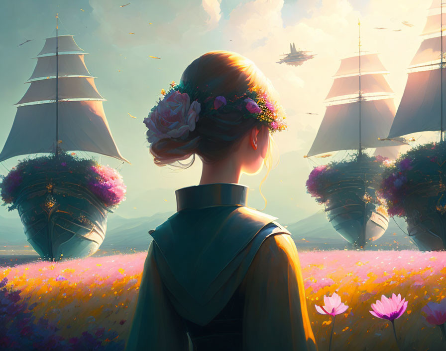 Woman admires ships over pink flower field with hazy sky.