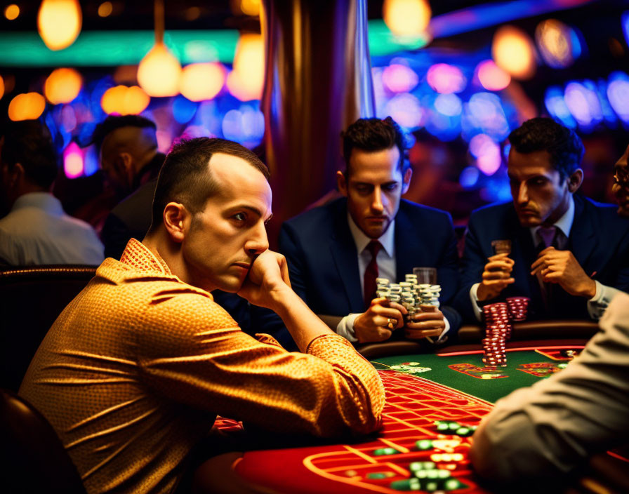 Men Engaged in High-Stakes Poker Game at Casino