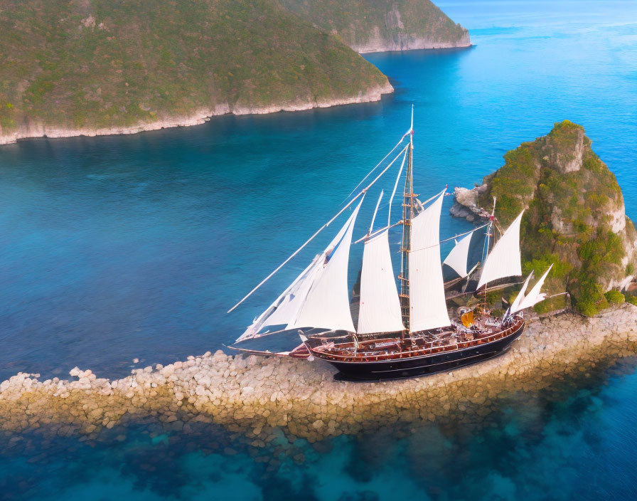 Majestic sailing ship with white sails near rocky coastline