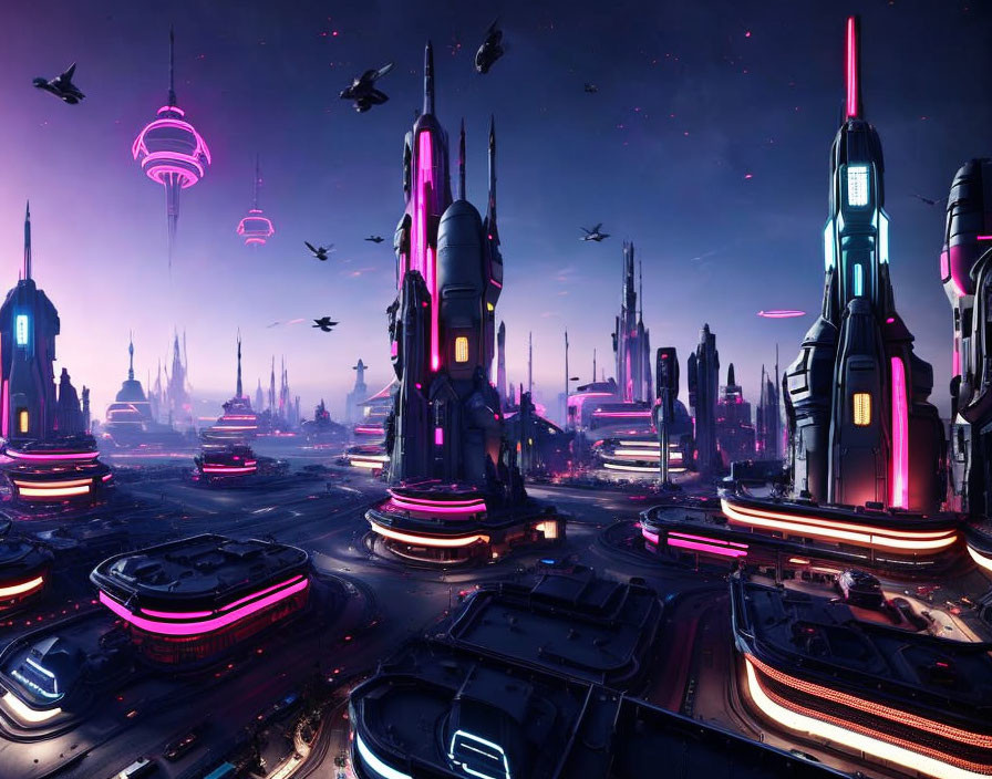 Futuristic cityscape at dusk with neon lights and skyscrapers