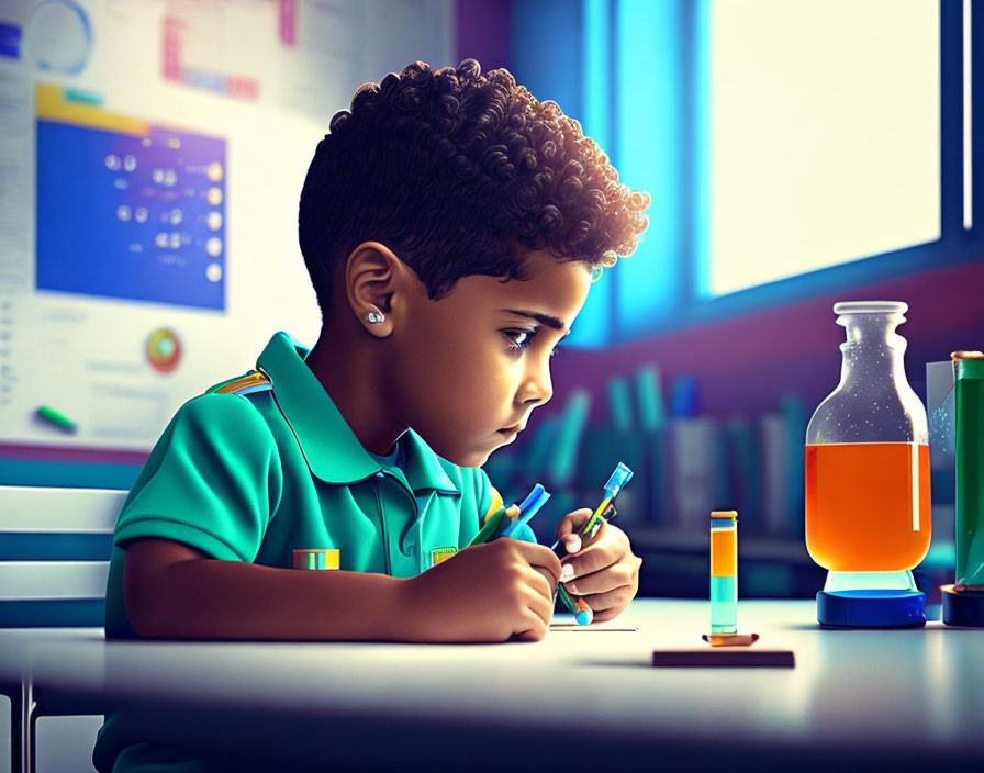 Young student with curly hair writing with colored pencils in classroom with test tubes and beaker.