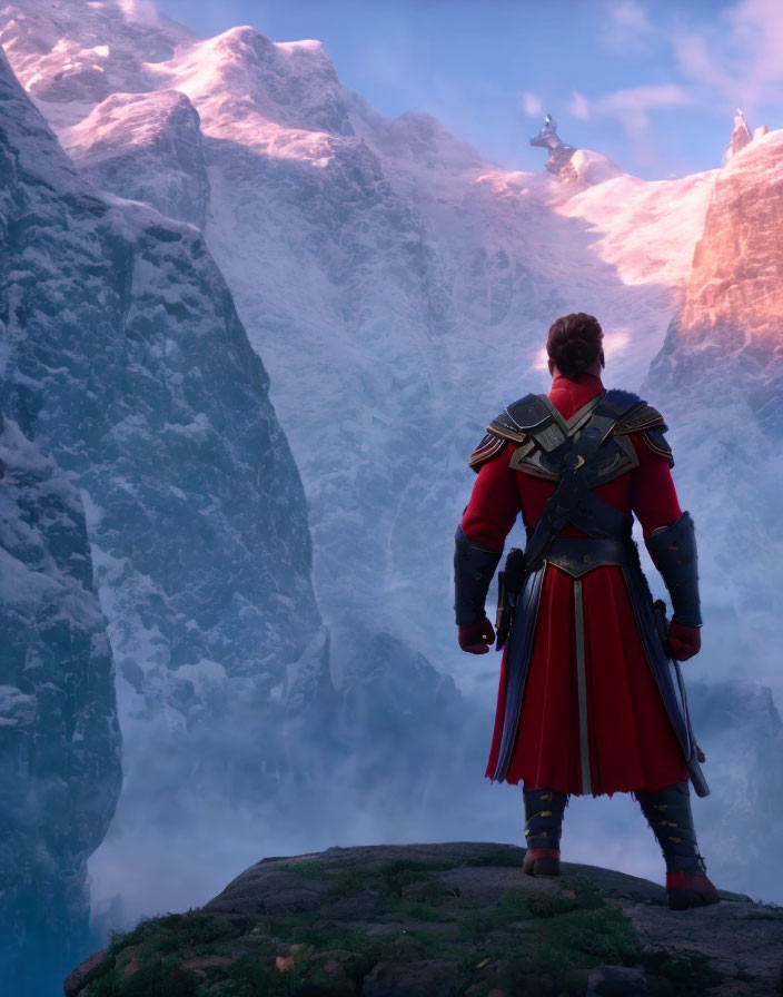 Figure in red and blue uniform on cliff overlooking illuminated mountain peak and clouds.