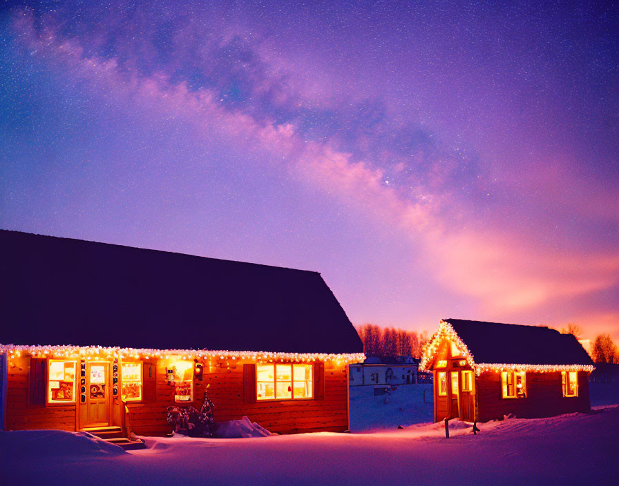 Winter cabins with Christmas lights under starry night sky & aurora