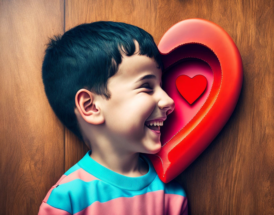 Boy in Striped Shirt Smiling at Heart-Shaped Sculpture