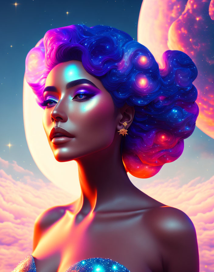 Woman with Galaxy-Themed Hair and Makeup in Celestial Setting