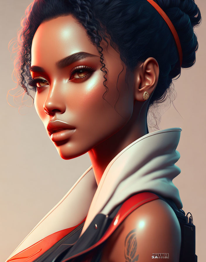 Digital portrait of woman with red eyeshadow, high ponytail, sleeveless top, and shoulder