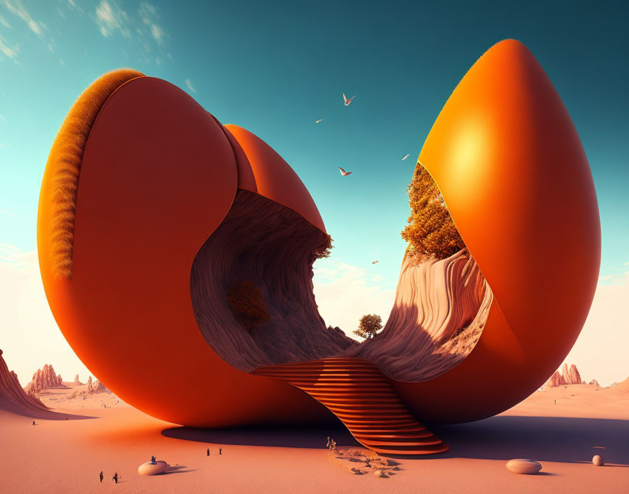 Surreal desert landscape with broken egg-shaped structure and staircase under blue sky