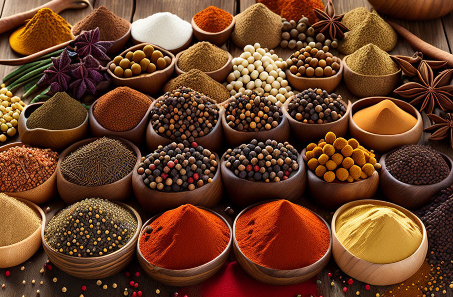 Various Spices in Small Bowls on Wooden Surface