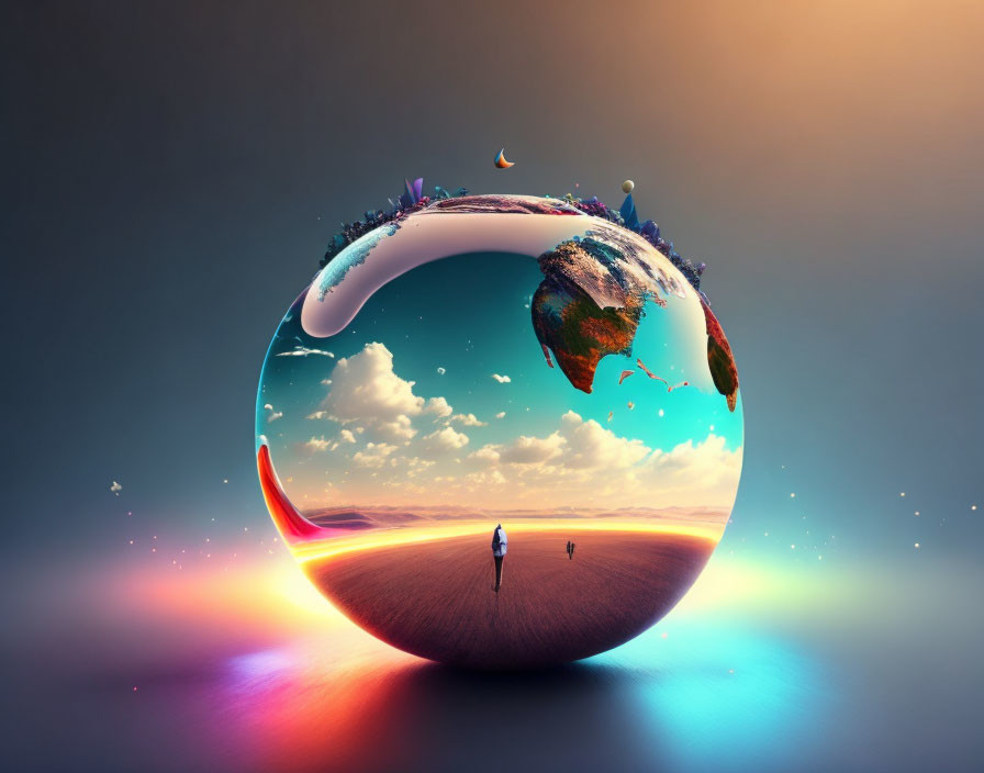 Surreal spherical panorama of ocean, land, and sky with miniature people on colorful desert.