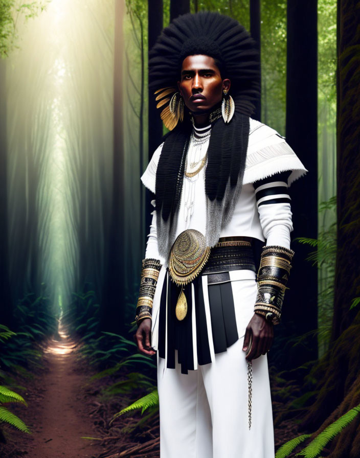 African man in traditional attire with large headdress in misty forest path