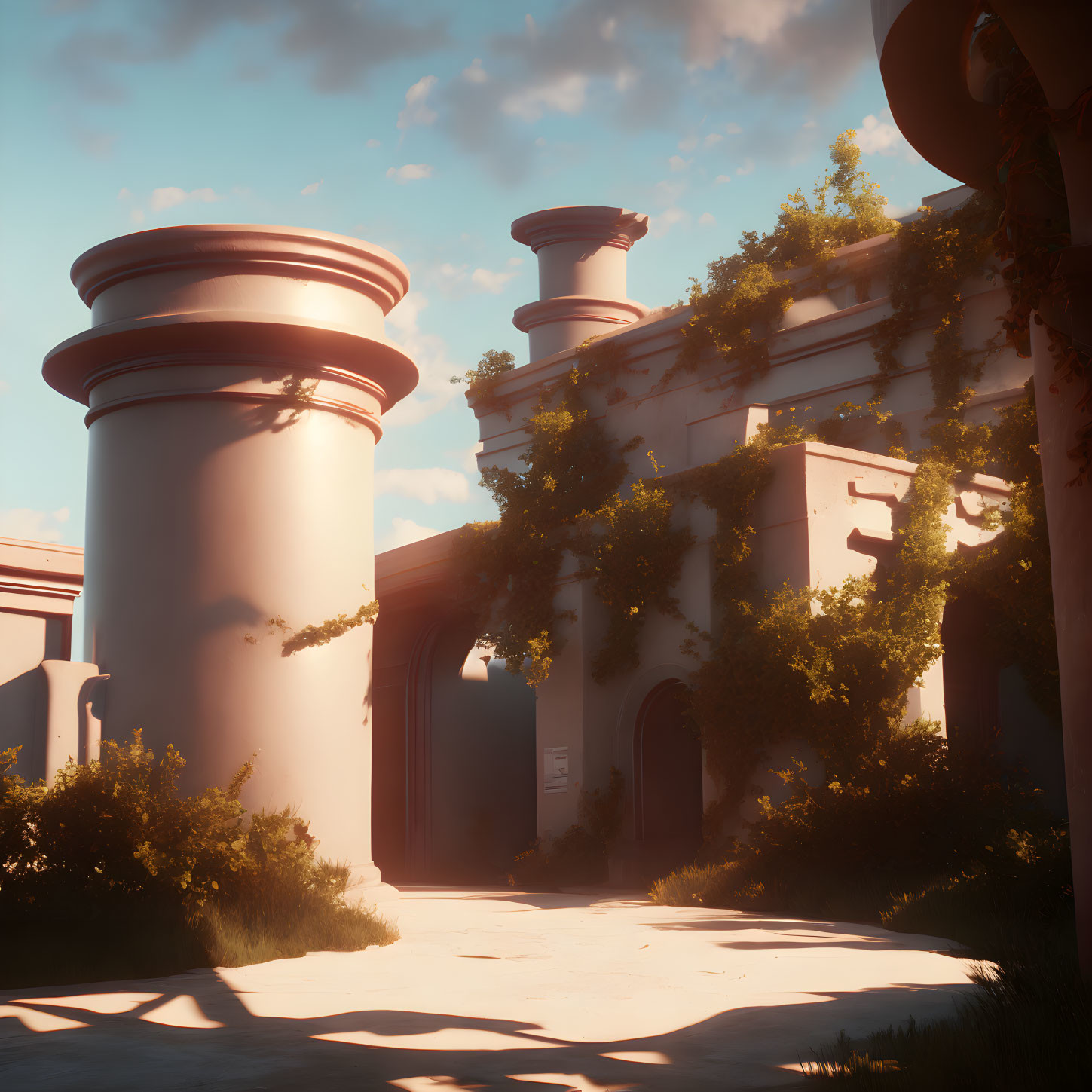 Classical courtyard with large columns and ivy in sunlight.