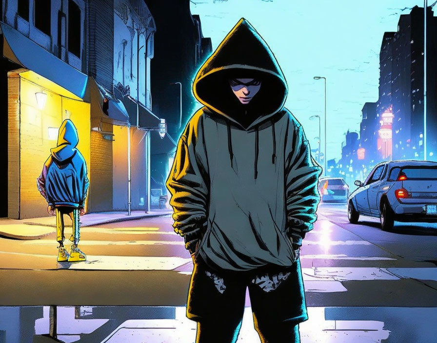 Two individuals in hoodies on neon-lit city street at night