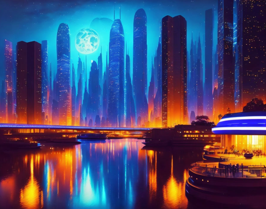 Futuristic sci-fi cityscape at night with neon lights, skyscrapers, moon, and