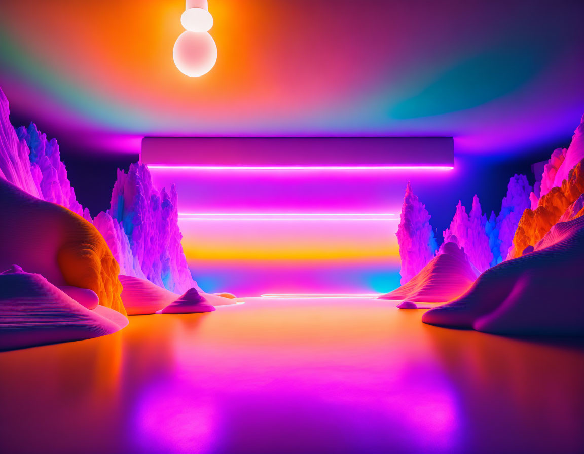 Vibrant abstract landscape: neon lights, glowing horizon, surreal mountains