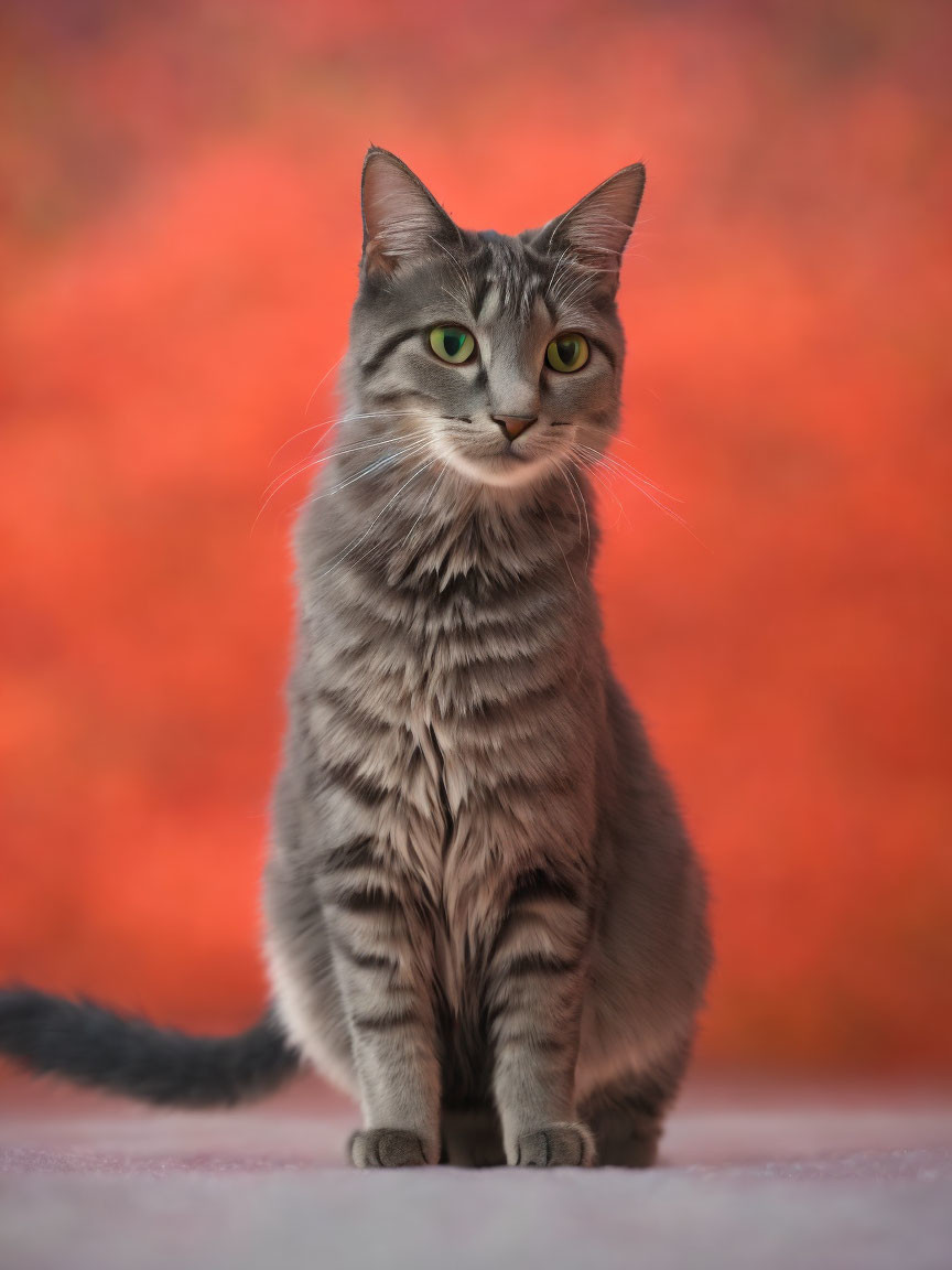 Grey Tabby Cat with Green Eyes Against Red-Orange Background