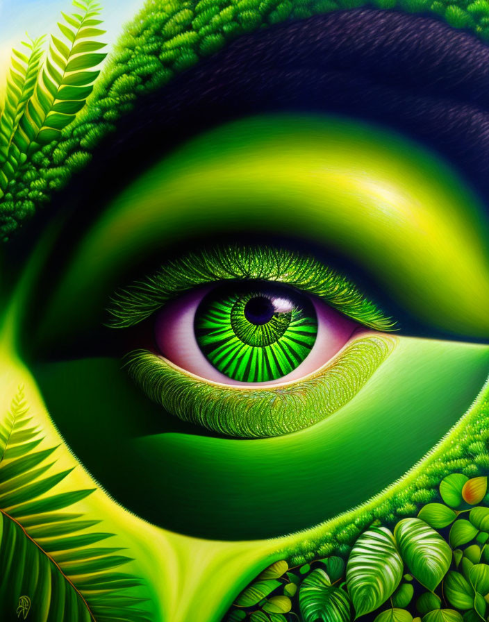 Detailed green eye in lush foliage setting