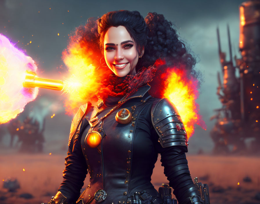 Smiling woman in futuristic armor with glowing weapon