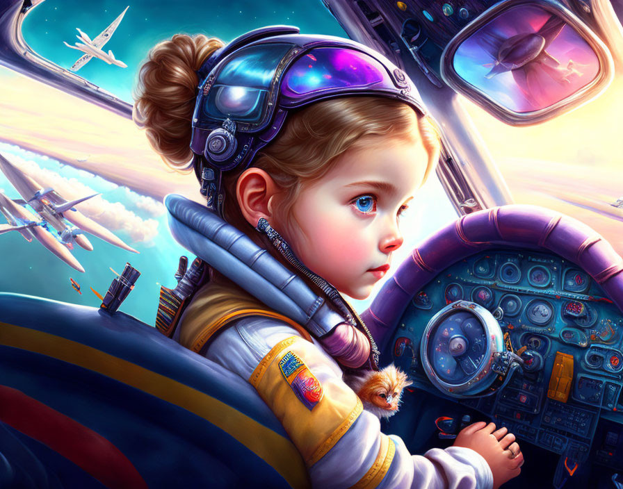 Young girl pilot in cockpit with aircraft, flight jacket, and aviator helmet