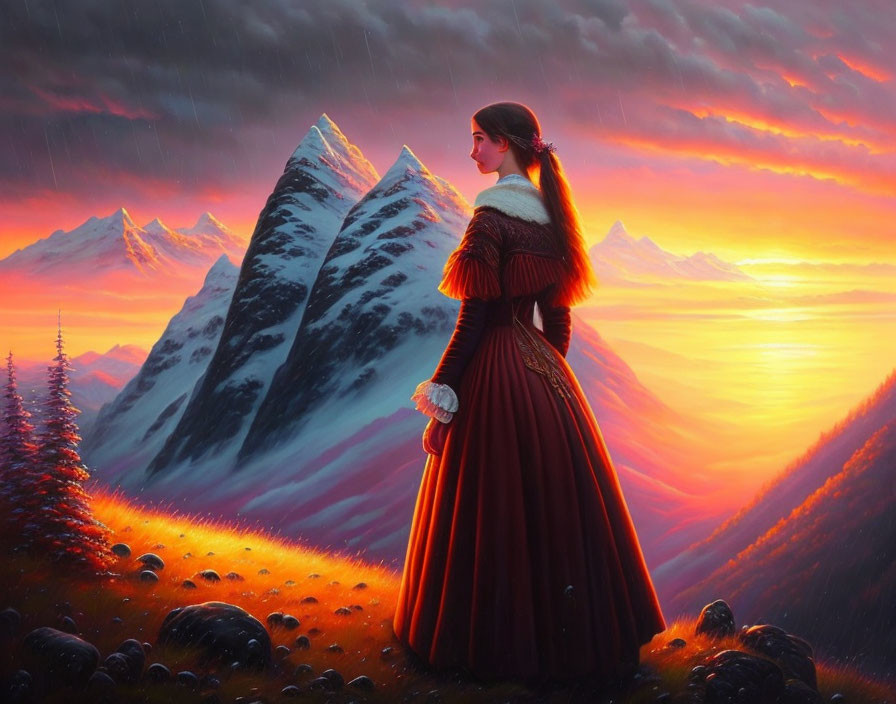 Historical woman in dress against mountain sunset scenery