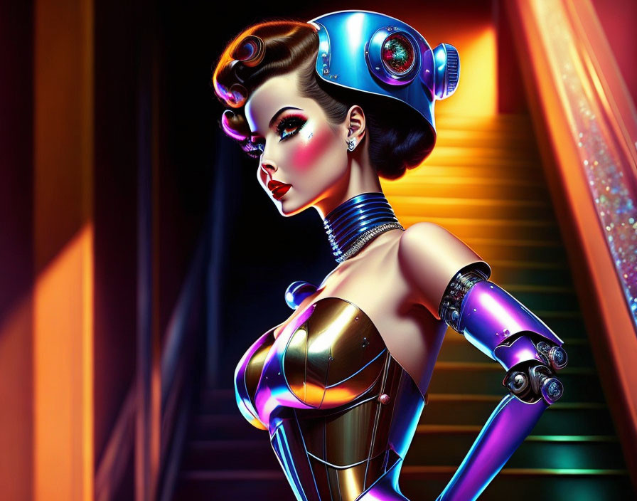 Stylized retro-futuristic female robot on vibrant staircase