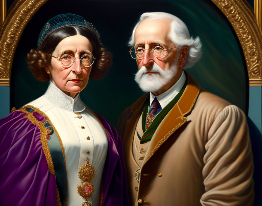 Elderly couple portrait in vintage attire against dark oval frame