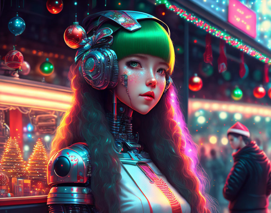 Futuristic girl with green hair in neon-lit street with holiday decorations