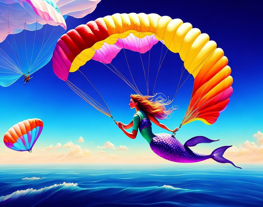 Colorful Mermaid Parasailing Illustration Over Ocean Sky