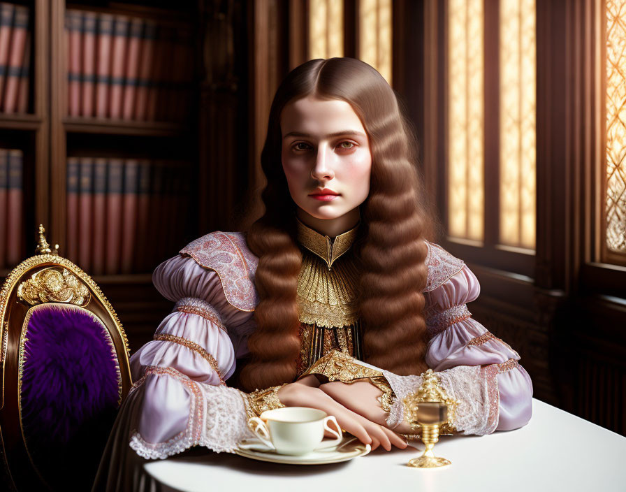 Long-Haired Woman in Period Dress Sitting at Table with Tea Cup in Dimly Lit Room