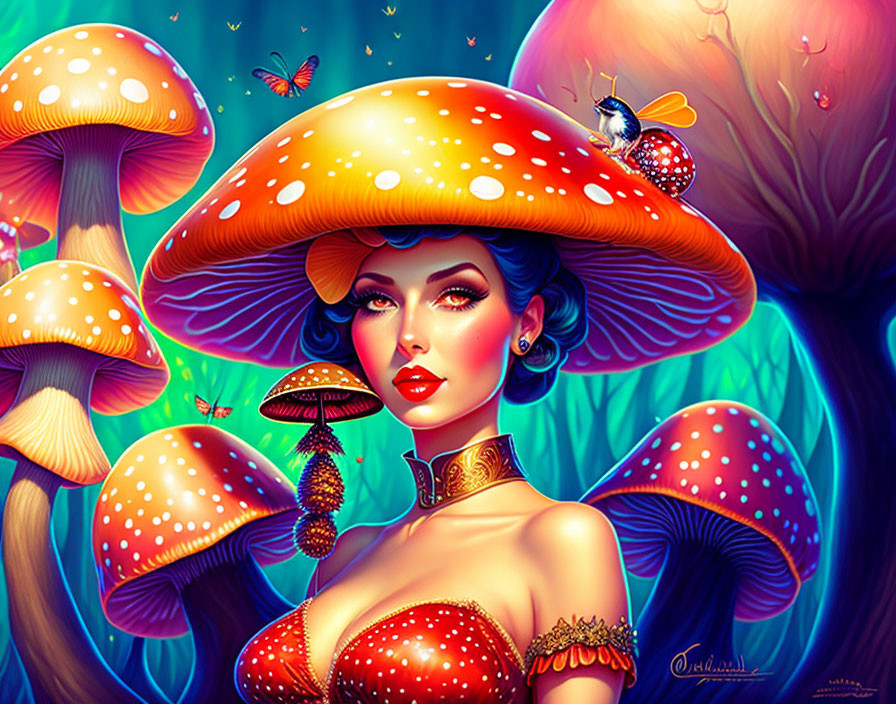 Colorful Woman Illustration Surrounded by Mushrooms and Butterflies