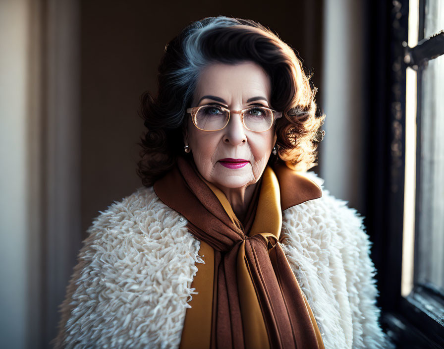 Stylish older woman in glasses and white textured outfit gazes out window