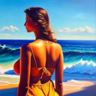 Woman in yellow dress admiring sailboat on ocean under blue sky