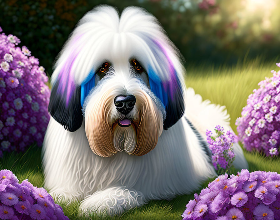 Fluffy white dog with black markings in garden with purple flowers