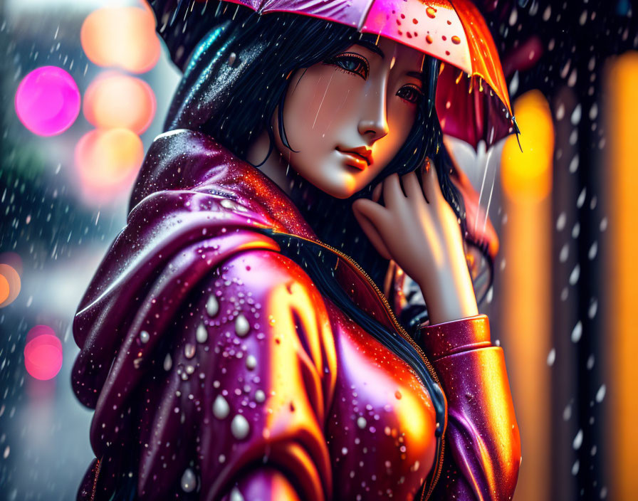 Woman with red umbrella in rain against vivid bokeh lights